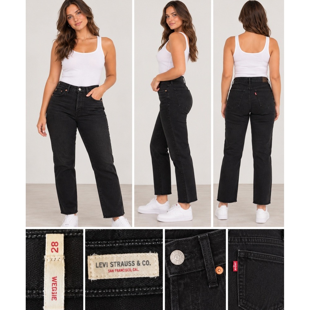 Levis Wedgie Straight Jeans Black Distressed Raw Hem High Rise Size 28